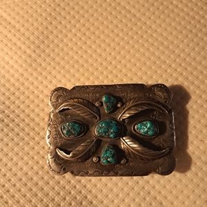 Native American  Navajo silver and turquoise belt buckle 2&1/2 X 3 inches
